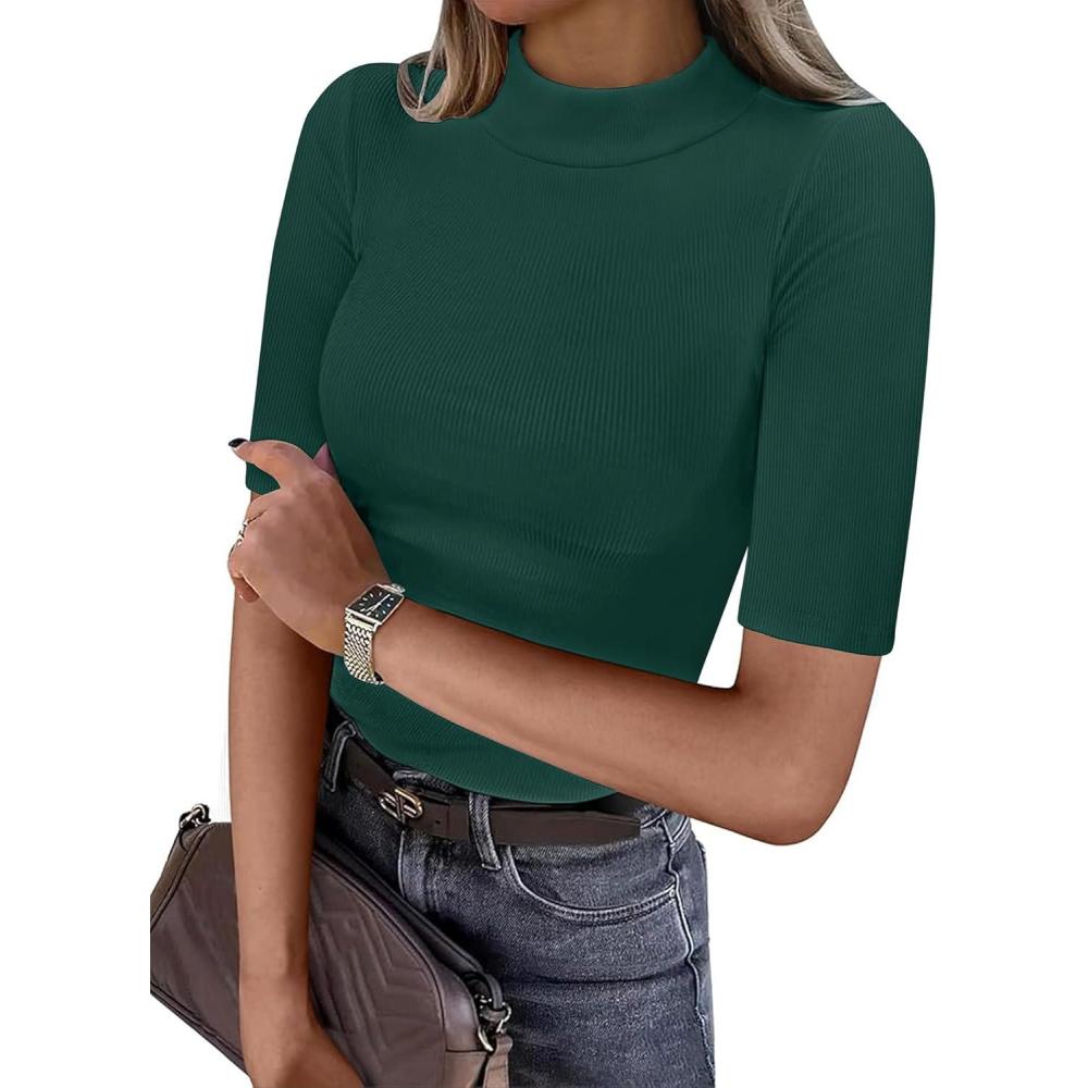 imageANRABESS Womens Tops Mock Neck Half Sleeve Shirts Ribbed Knit Slim Fit Basic Tee 2025 Summer Fall Dressy Casual TShirtsDeep Green