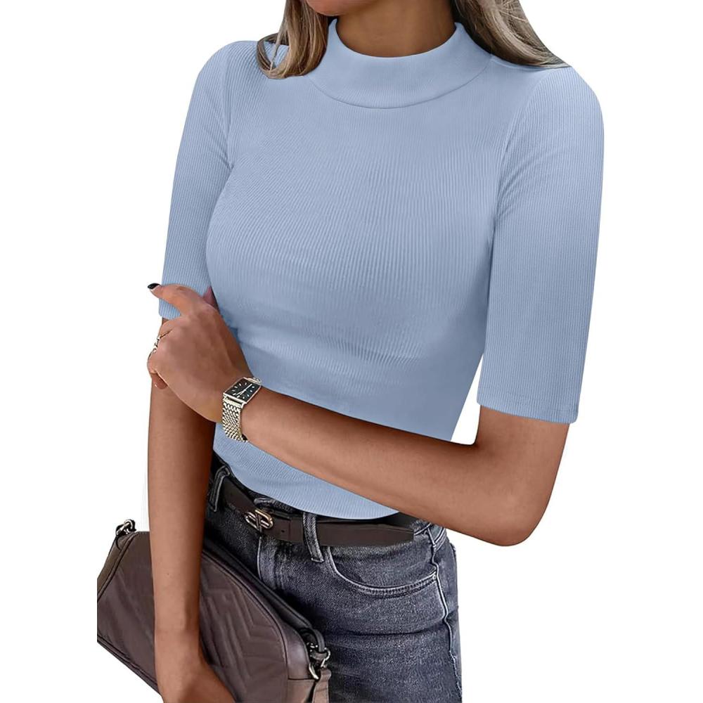 imageANRABESS Womens Tops Mock Neck Half Sleeve Shirts Ribbed Knit Slim Fit Basic Tee 2025 Summer Fall Dressy Casual TShirtsGrey Blue