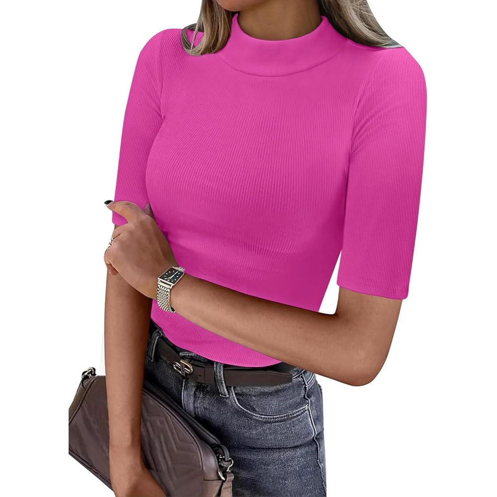 imageANRABESS Womens Tops Mock Neck Half Sleeve Shirts Ribbed Knit Slim Fit Basic Tee 2025 Summer Fall Dressy Casual TShirtsHot Pink