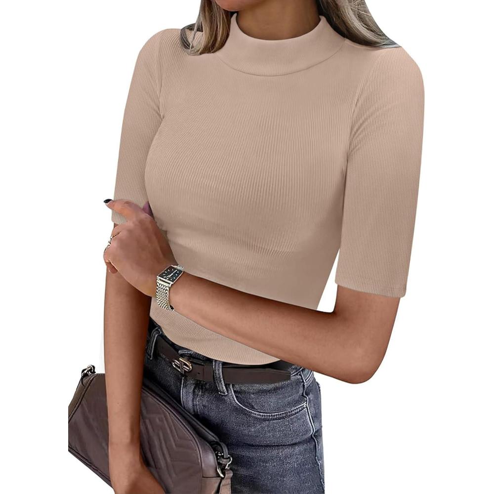 imageANRABESS Womens Tops Mock Neck Half Sleeve Shirts Ribbed Knit Slim Fit Basic Tee 2025 Summer Fall Dressy Casual TShirtsLight Khaki
