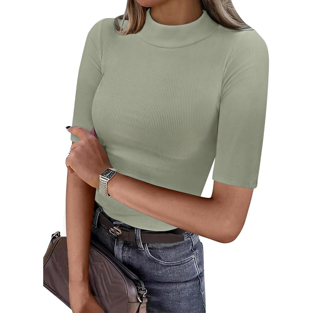 imageANRABESS Womens Tops Mock Neck Half Sleeve Shirts Ribbed Knit Slim Fit Basic Tee 2025 Summer Fall Dressy Casual TShirtsSage Green