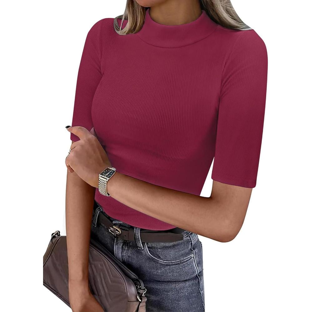 imageANRABESS Womens Tops Mock Neck Half Sleeve Shirts Ribbed Knit Slim Fit Basic Tee 2025 Summer Fall Dressy Casual TShirtsWine Red