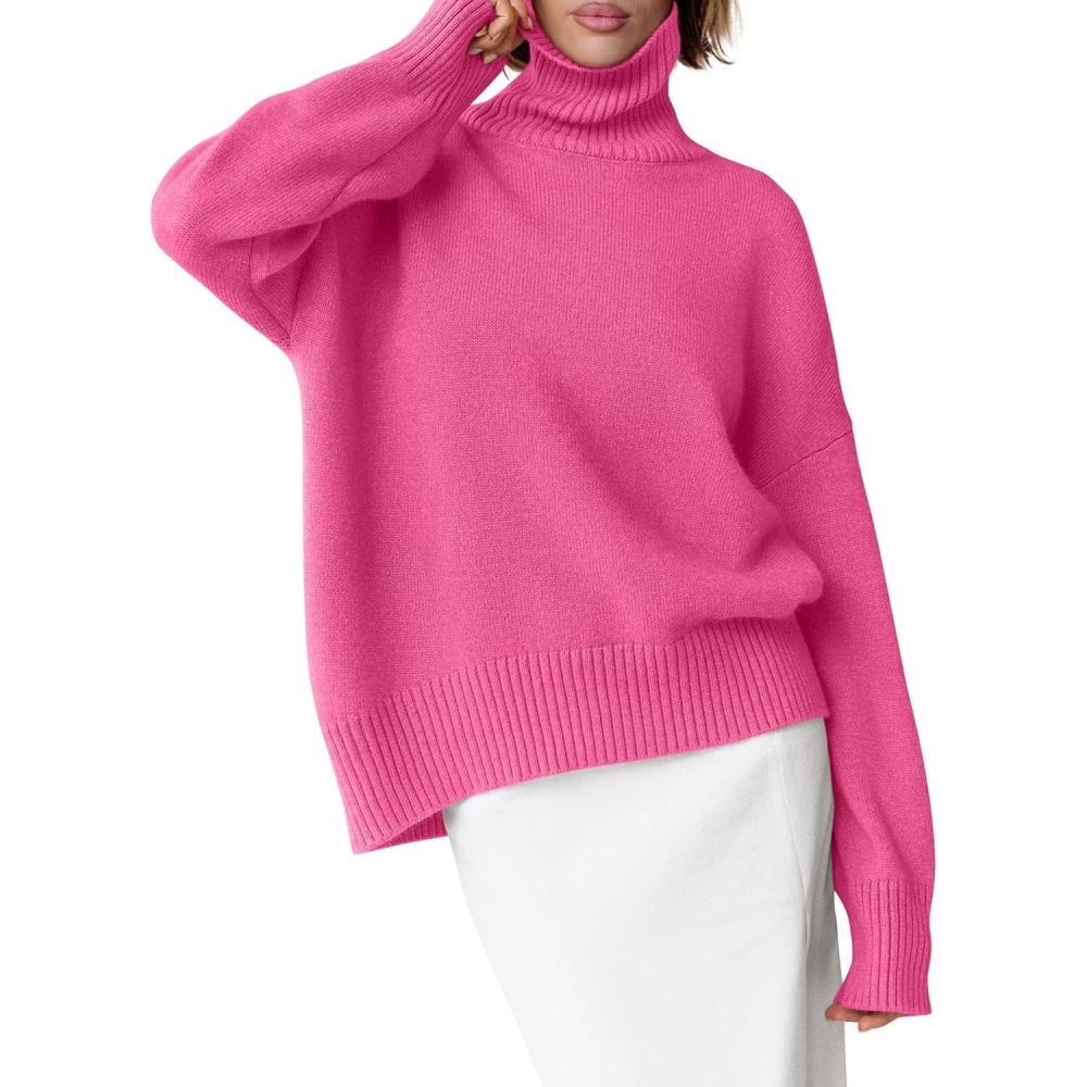 imageANRABESS Womens Turtleneck Sweaters Oversized Chunky Long Sleeve Knit High Low Hem Pullover Top 2025 Fall Winter FashionHot Pink