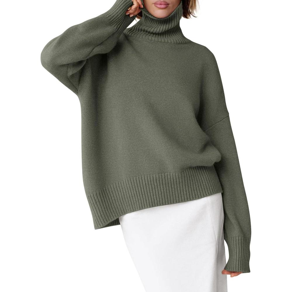 imageANRABESS Womens Turtleneck Sweaters Oversized Chunky Long Sleeve Knit High Low Hem Pullover Top 2025 Fall Winter FashionOlive Green