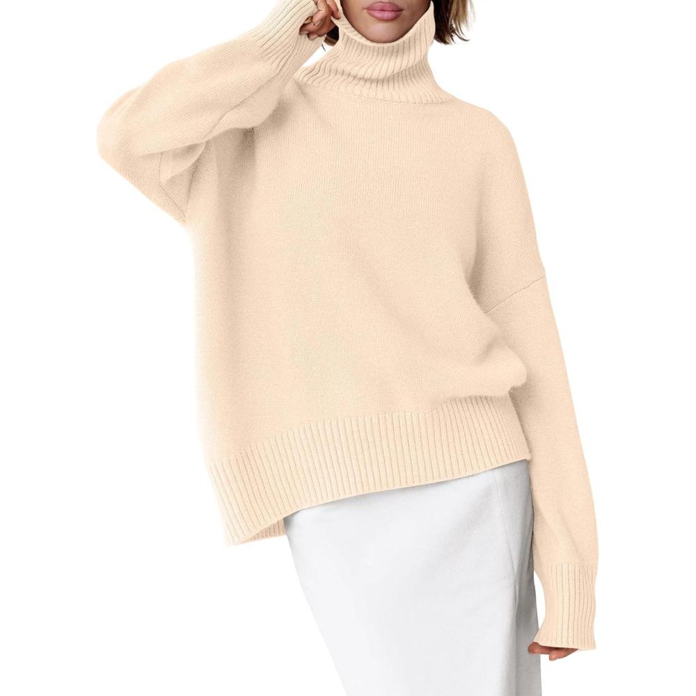 imageANRABESS Womens Turtleneck Sweaters Oversized Chunky Long Sleeve Knit High Low Hem Pullover Top 2025 Fall Winter FashionParchment