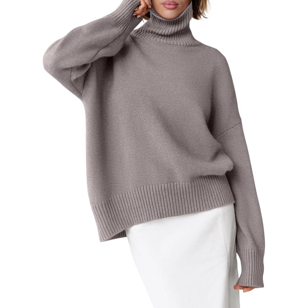 imageANRABESS Womens Turtleneck Sweaters Oversized Chunky Long Sleeve Knit High Low Hem Pullover Top 2025 Fall Winter FashionPurple Taupe