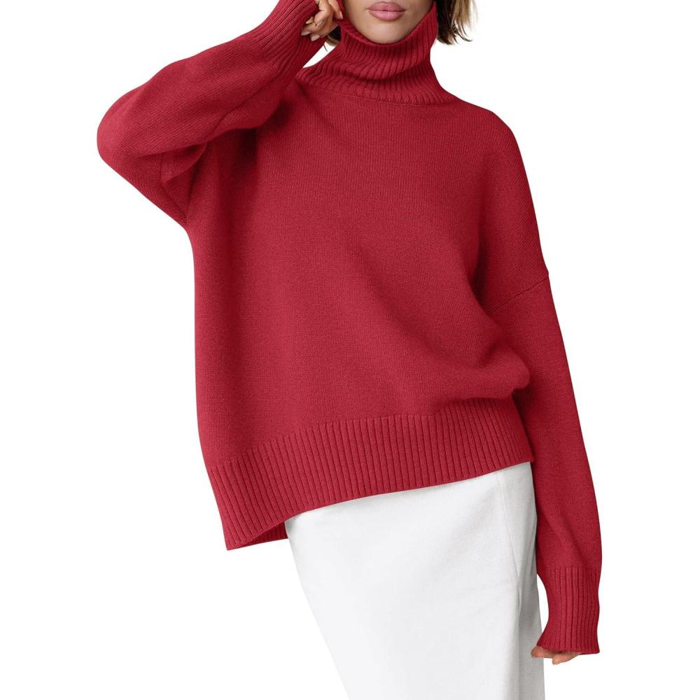 imageANRABESS Womens Turtleneck Sweaters Oversized Chunky Long Sleeve Knit High Low Hem Pullover Top 2025 Fall Winter FashionRed