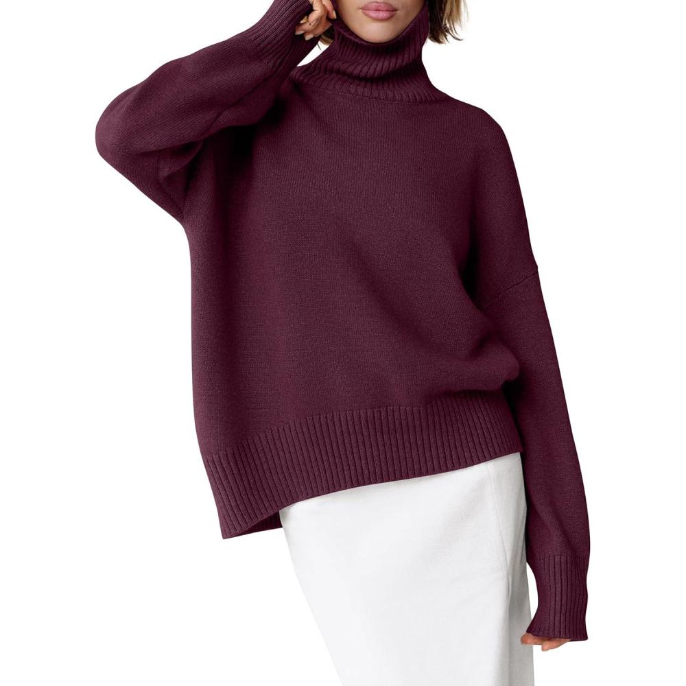 imageANRABESS Womens Turtleneck Sweaters Oversized Chunky Long Sleeve Knit High Low Hem Pullover Top 2025 Fall Winter FashionWine Red