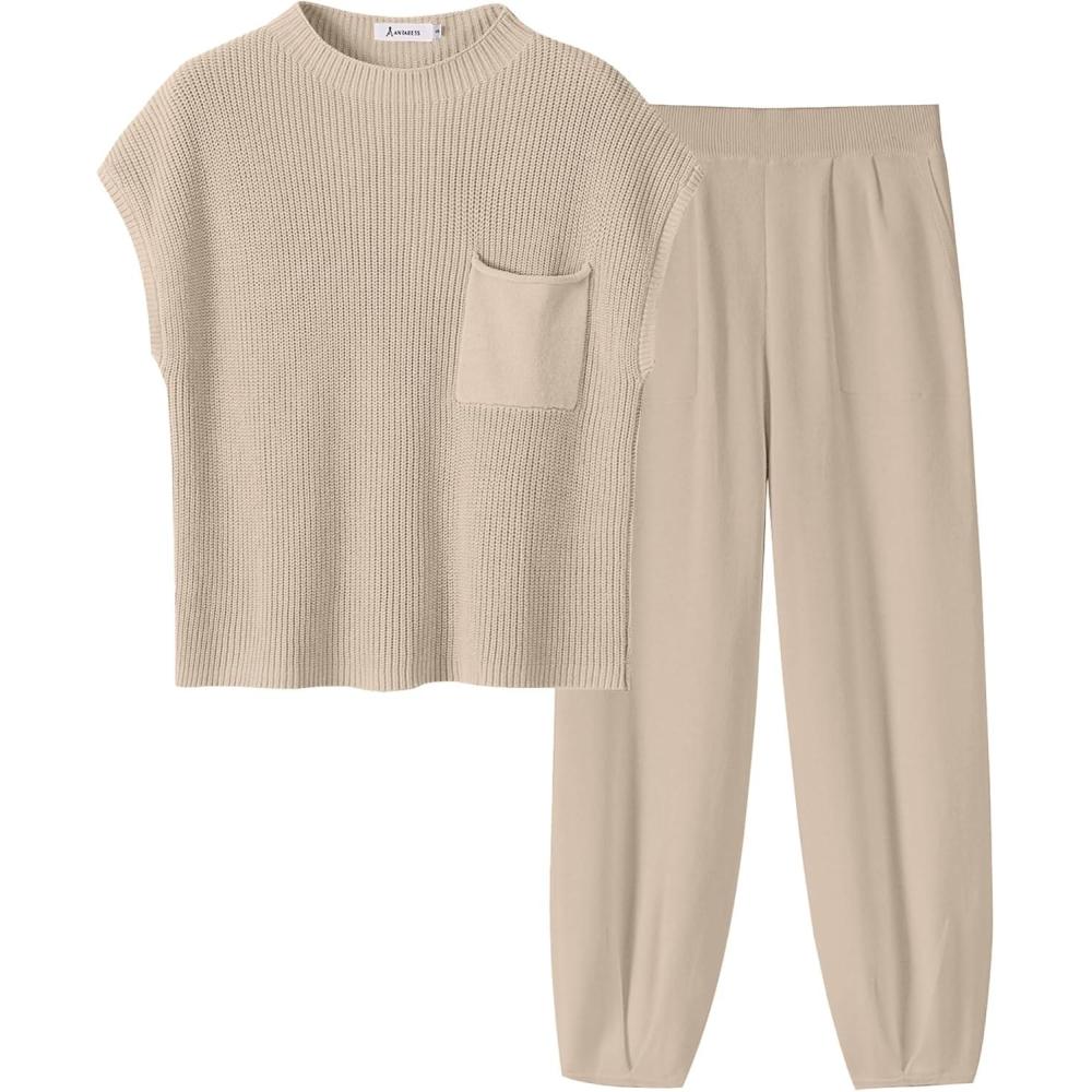 imageANRABESS Womens Two Piece Outfits Knit Sweater Vest Crop Top Pants Lounge Matching Tracksuit Sweatsuit Travel Clothes SetsKhaki
