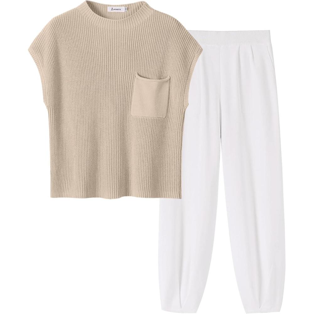 imageANRABESS Womens Two Piece Outfits Knit Sweater Vest Crop Top Pants Lounge Matching Tracksuit Sweatsuit Travel Clothes SetsKhaki White