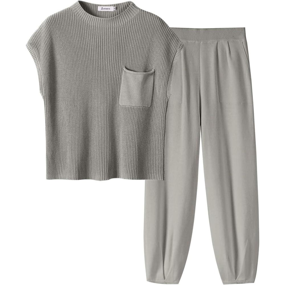 imageANRABESS Womens Two Piece Outfits Knit Sweater Vest Crop Top Pants Lounge Matching Tracksuit Sweatsuit Travel Clothes SetsLight Grey