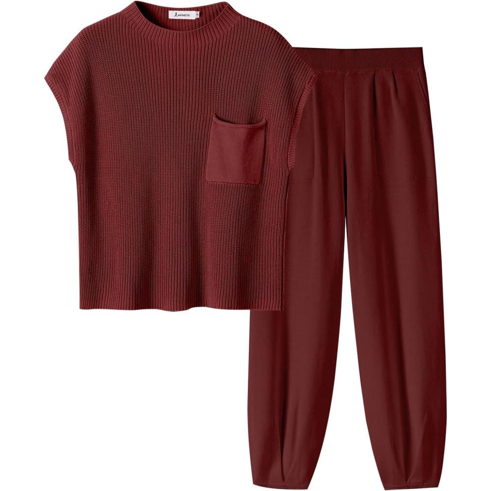 imageANRABESS Womens Two Piece Outfits Knit Sweater Vest Crop Top Pants Lounge Matching Tracksuit Sweatsuit Travel Clothes SetsMaroon Red