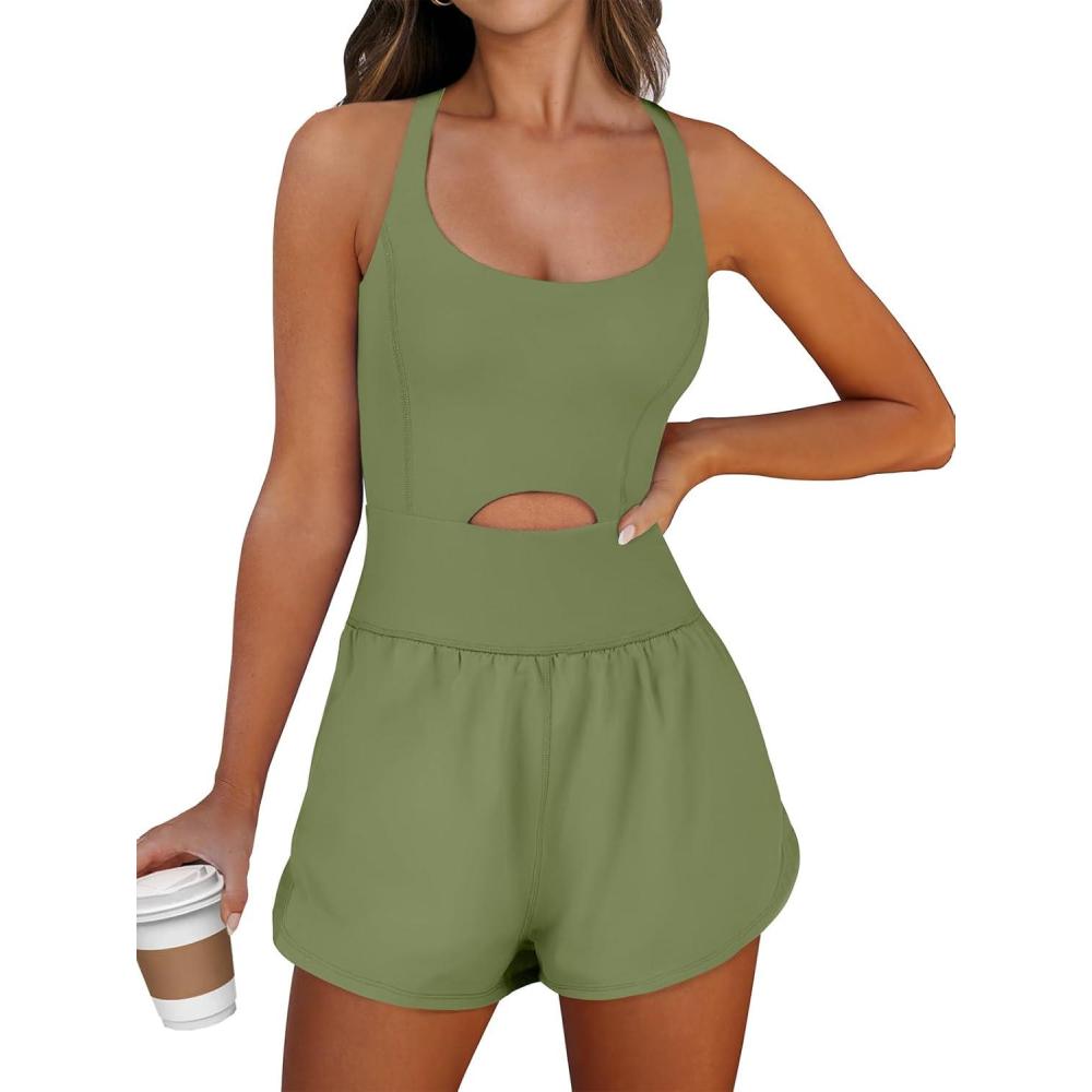 imageCaracilia Womens Workout Athletic Romper Summer Sets Short Jumpsuits Onesie Running Outfits Exercise Gym 2025 Trendy ClothesArmy Green