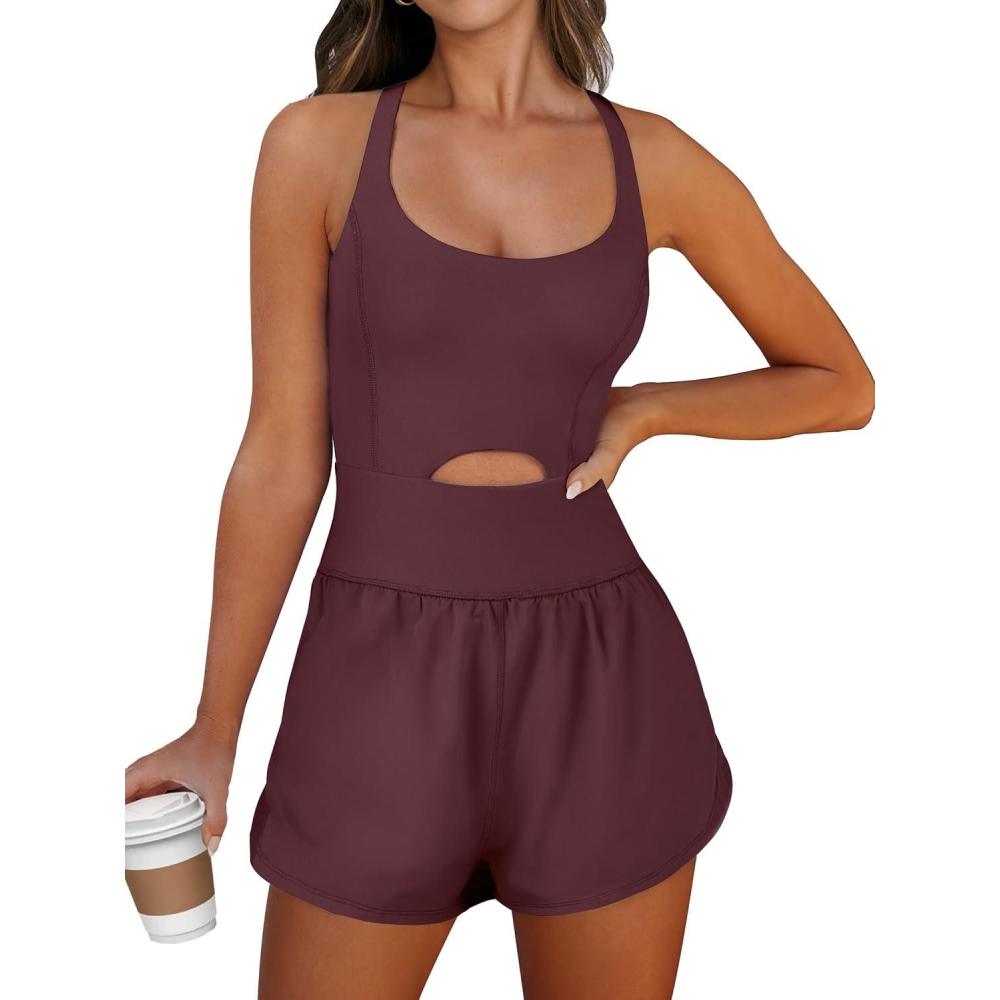 imageCaracilia Womens Workout Athletic Romper Summer Sets Short Jumpsuits Onesie Running Outfits Exercise Gym 2025 Trendy ClothesDeep Red Brown