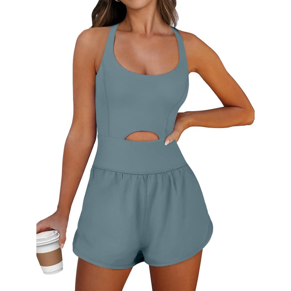 imageCaracilia Womens Workout Athletic Romper Summer Sets Short Jumpsuits Onesie Running Outfits Exercise Gym 2025 Trendy ClothesGrayblue