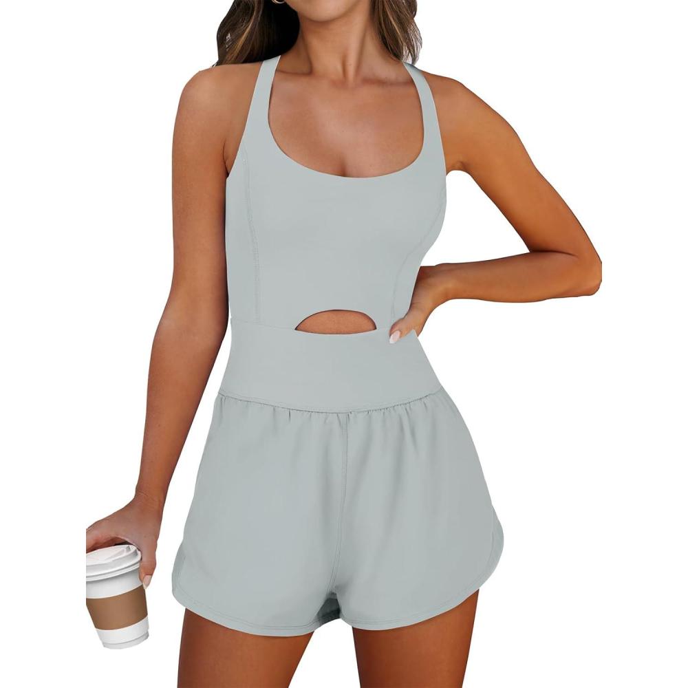 imageCaracilia Womens Workout Athletic Romper Summer Sets Short Jumpsuits Onesie Running Outfits Exercise Gym 2025 Trendy ClothesLight Green