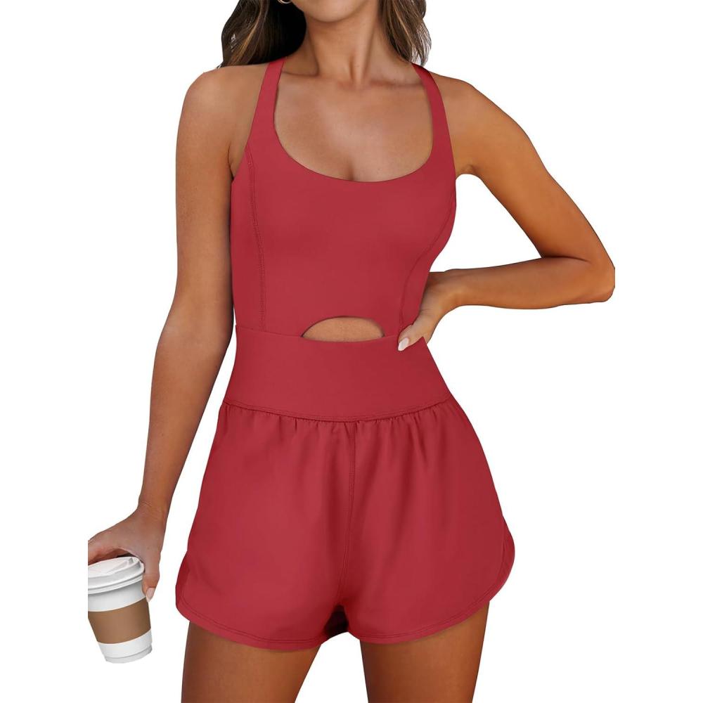 imageCaracilia Womens Workout Athletic Romper Summer Sets Short Jumpsuits Onesie Running Outfits Exercise Gym 2025 Trendy ClothesRed