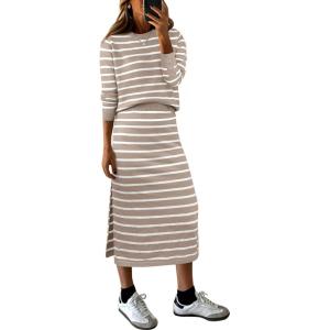 ANRABESS 2 Piece Skirts Sets For Women Fall Fashion 2025 Striped Sweater Midi Dress Knit Lounge Travel Outfits Winter Clothes(Almond White)