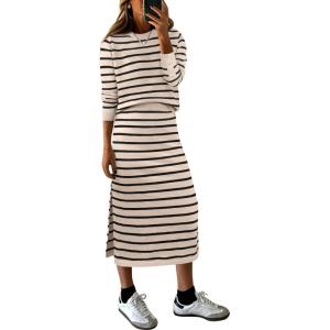 ANRABESS 2 Piece Skirts Sets For Women Fall Fashion 2025 Striped Sweater Midi Dress Knit Lounge Travel Outfits Winter Clothes(Beige Black)
