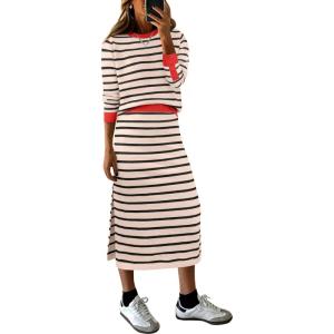 ANRABESS 2 Piece Skirts Sets For Women Fall Fashion 2025 Striped Sweater Midi Dress Knit Lounge Travel Outfits Winter Clothes(Beige Black Red)