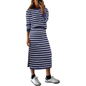 ANRABESS 2 Piece Skirts Sets For Women Fall Fashion 2025 Striped Sweater Midi Dress Knit Lounge Travel Outfits Winter Clothes(Blue White)