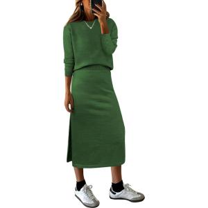 ANRABESS 2 Piece Skirts Sets For Women Fall Fashion 2025 Striped Sweater Midi Dress Knit Lounge Travel Outfits Winter Clothes(Green)