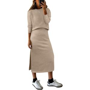 ANRABESS 2 Piece Skirts Sets For Women Fall Fashion 2025 Striped Sweater Midi Dress Knit Lounge Travel Outfits Winter Clothes(Khaki)