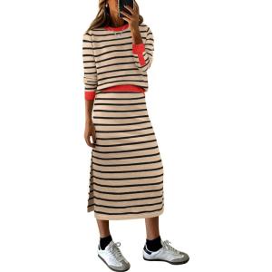 ANRABESS 2 Piece Skirts Sets For Women Fall Fashion 2025 Striped Sweater Midi Dress Knit Lounge Travel Outfits Winter Clothes(Khaki Black Red)