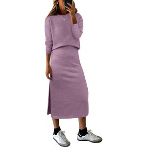 ANRABESS 2 Piece Skirts Sets For Women Fall Fashion 2025 Striped Sweater Midi Dress Knit Lounge Travel Outfits Winter Clothes(Light Purple)
