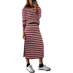 ANRABESS 2 Piece Skirts Sets For Women Fall Fashion 2025 Striped Sweater Midi Dress Knit Lounge Travel Outfits Winter Clothes(Red White)