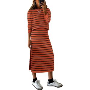 ANRABESS 2 Piece Skirts Sets For Women Fall Fashion 2025 Striped Sweater Midi Dress Knit Lounge Travel Outfits Winter Clothes(Rust Red Black)