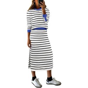 ANRABESS 2 Piece Skirts Sets For Women Fall Fashion 2025 Striped Sweater Midi Dress Knit Lounge Travel Outfits Winter Clothes(White Black Blue)