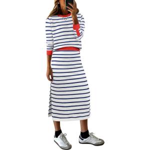 ANRABESS 2 Piece Skirts Sets For Women Fall Fashion 2025 Striped Sweater Midi Dress Knit Lounge Travel Outfits Winter Clothes(White Blue Red)