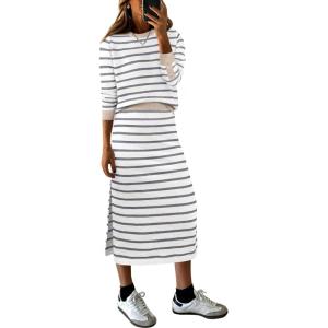 ANRABESS 2 Piece Skirts Sets For Women Fall Fashion 2025 Striped Sweater Midi Dress Knit Lounge Travel Outfits Winter Clothes(White Grey Beige)