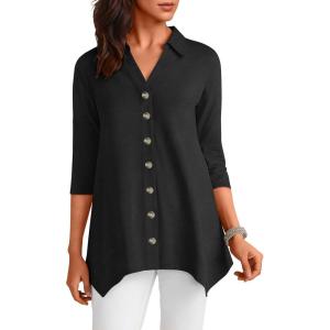 ANRABESS 3/4 Sleeve Tunic Tops for Women Lapel V Neck Button Down Shirts Business Dressy Casual Blouse with Asymmetrical Hem(Black)
