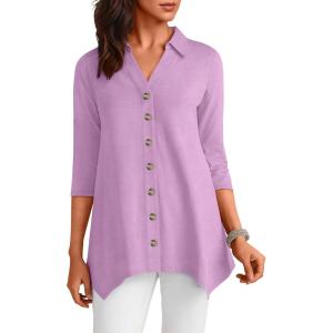 ANRABESS 3/4 Sleeve Tunic Tops for Women Lapel V Neck Button Down Shirts Business Dressy Casual Blouse with Asymmetrical Hem(Purple)
