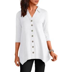 ANRABESS 3/4 Sleeve Tunic Tops for Women Lapel V Neck Button Down Shirts Business Dressy Casual Blouse with Asymmetrical Hem(White)