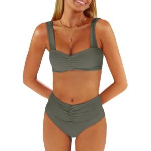ANRABESS Bathing Suit for Women Tummy Control Bikini Set 2025 Beach Front Ruched Mid Waist Swimsuit with Adjustable Straps(Army Green)