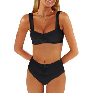 ANRABESS Bathing Suit for Women Tummy Control Bikini Set 2025 Beach Front Ruched Mid Waist Swimsuit with Adjustable Straps(Black)