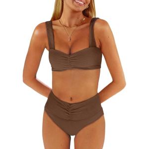 ANRABESS Bathing Suit for Women Tummy Control Bikini Set 2025 Beach Front Ruched Mid Waist Swimsuit with Adjustable Straps(Brown)