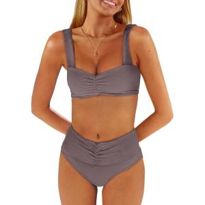 ANRABESS Bathing Suit for Women Tummy Control Bikini Set 2025 Beach Front Ruched Mid Waist Swimsuit with Adjustable Straps(Coffee)