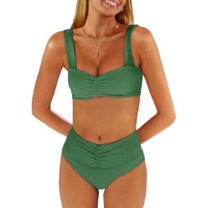 ANRABESS Bathing Suit for Women Tummy Control Bikini Set 2025 Beach Front Ruched Mid Waist Swimsuit with Adjustable Straps(Green)