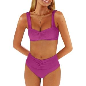 ANRABESS Bathing Suit for Women Tummy Control Bikini Set 2025 Beach Front Ruched Mid Waist Swimsuit with Adjustable Straps(Hot Pink)