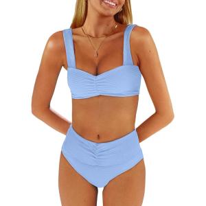 ANRABESS Bathing Suit for Women Tummy Control Bikini Set 2025 Beach Front Ruched Mid Waist Swimsuit with Adjustable Straps(Light Blue)