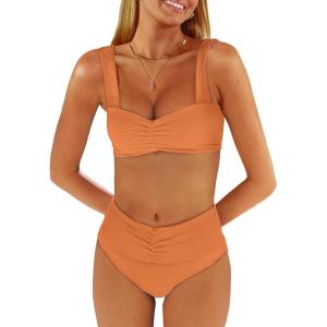 ANRABESS Bathing Suit for Women Tummy Control Bikini Set 2025 Beach Front Ruched Mid Waist Swimsuit with Adjustable Straps(Orange)