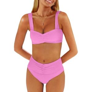 ANRABESS Bathing Suit for Women Tummy Control Bikini Set 2025 Beach Front Ruched Mid Waist Swimsuit with Adjustable Straps(Pink)