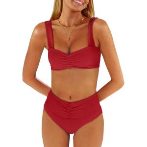 ANRABESS Bathing Suit for Women Tummy Control Bikini Set 2025 Beach Front Ruched Mid Waist Swimsuit with Adjustable Straps(Red)