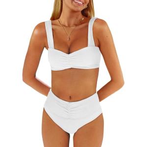 ANRABESS Bathing Suit for Women Tummy Control Bikini Set 2025 Beach Front Ruched Mid Waist Swimsuit with Adjustable Straps(White)