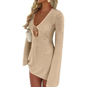 ANRABESS Beach Cover Ups for Women Crochet Swimsuit Bathing Suit Swimwear Bikini Mesh Knit Dress 2025 Summer Vacation Outfits(Beige)