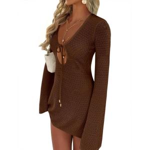 ANRABESS Beach Cover Ups for Women Crochet Swimsuit Bathing Suit Swimwear Bikini Mesh Knit Dress 2025 Summer Vacation Outfits(Brown)